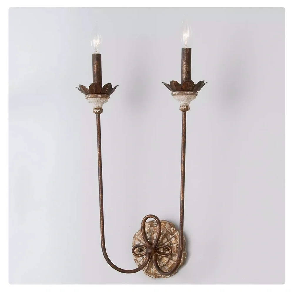 Rustic French Country 2-Light Wall Sconce Distressed Wood Aged Gold | Brand New